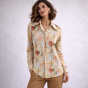 Vintage 70s Women’s Button down Mod Mixed print Floral geomatrical Dagger Collar